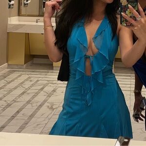 Oh Polly SIENNA Halter Neck Ruffle A-Line Mini Dress in Blue